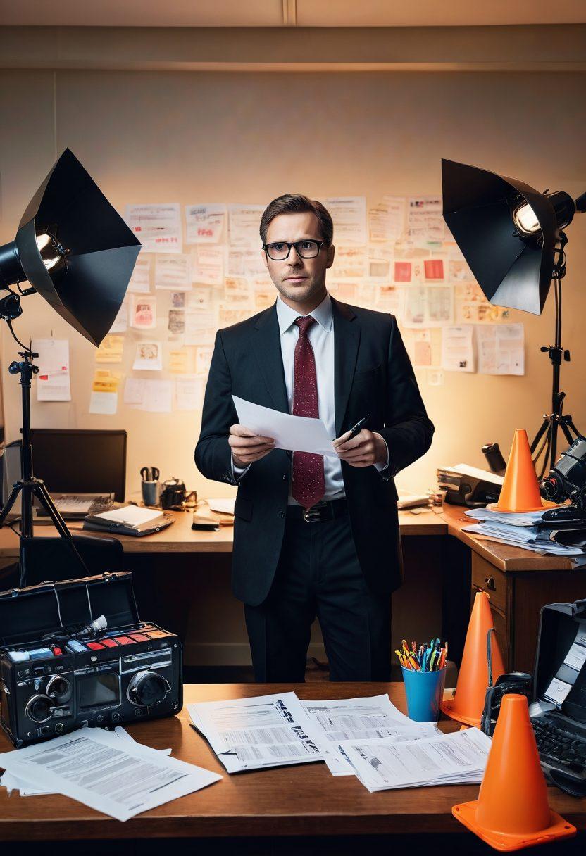 A dramatic film set with a film crew in action, surrounded by various types of film insurance documents scattered on the ground. In the foreground, a director is holding a megaphone while a producer confidently points to a checklist on a clipboard. The background features colorful movie lights and equipment, conveying a sense of creativity and industry. The scene should incorporate elements symbolizing risk management, like safety cones and a briefcase labeled 'Insurance'. super-realistic. vibrant colors. cinematic atmosphere.