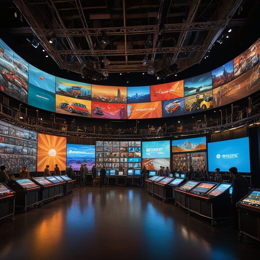 A bustling film set filled with diverse crew members using cameras and equipment, while a giant insurance shield made of film reels hovers protectively above them. In the background, scenes of various cinematic genres are displayed on large screens, showcasing the creativity of filmmaking. The atmosphere is energetic and dynamic, symbolizing the importance of safety in film production. super-realistic. vibrant colors. 3D.